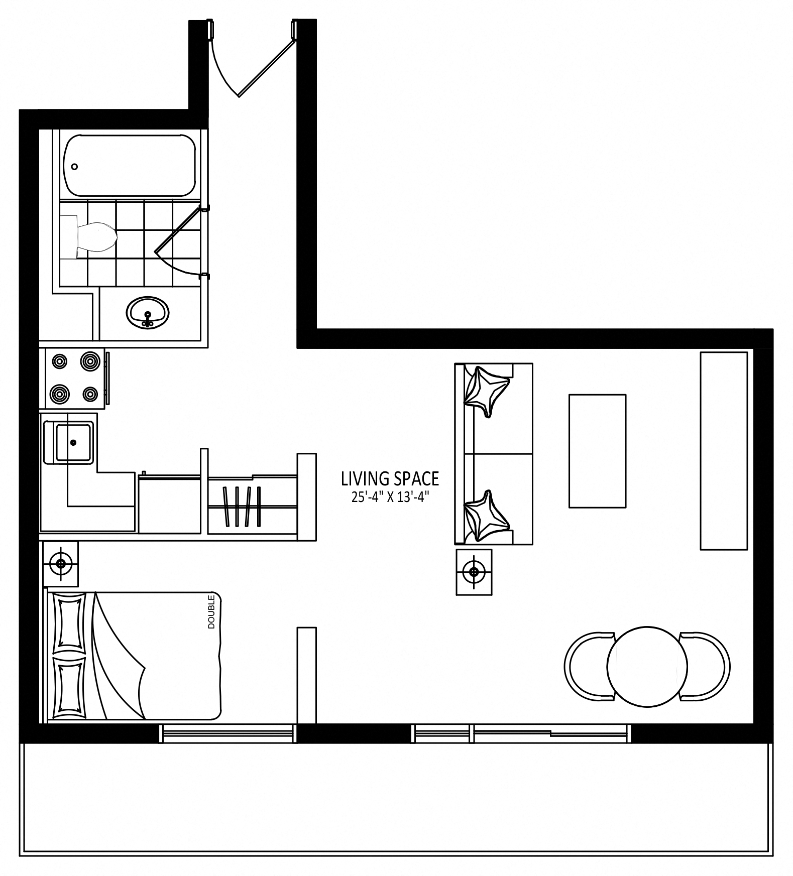 Floor plan for 1 bed, 1 bath, 464 sqft